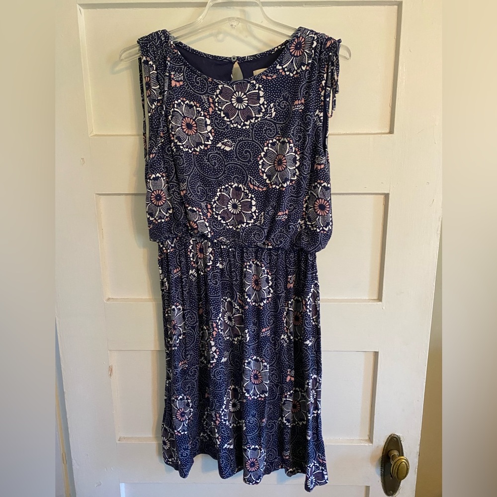 LOFT Navy Floral Sleeveless Blouson Dress Size L